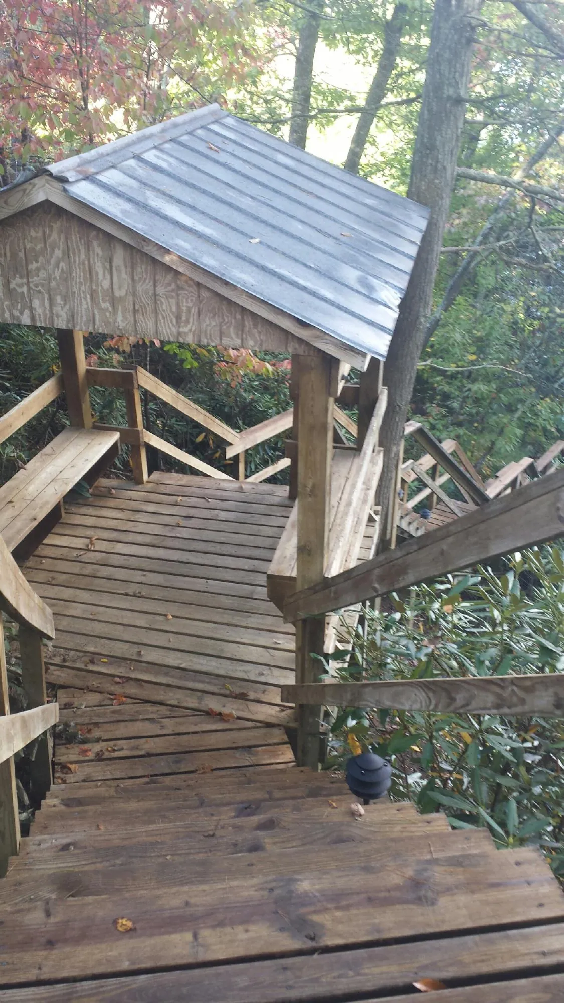 Metal roofed shelter over wooden steps on a wooded walkway — Skylight Repair & Installation work by our crew in Martinsburg